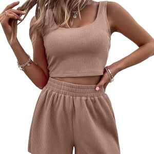 Women's Tan Ribbed Crop Top and Shorts Set